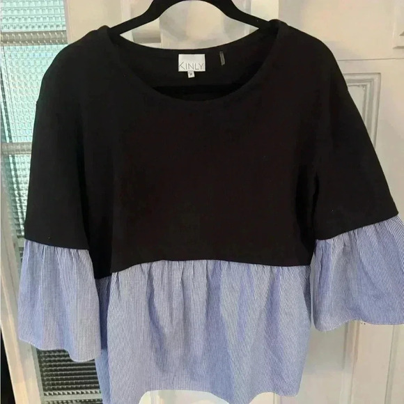 Kinly poplin top black with blue & white stripes bell sleeves size medium - Picture 1 of 4